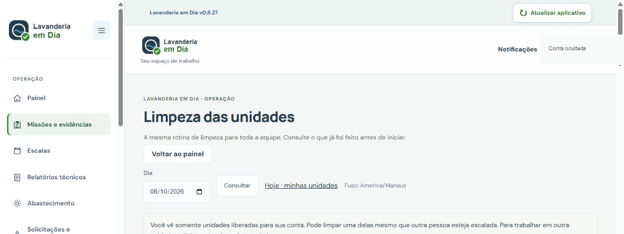 Tela de missões e evidências do aplicativo Lavanderia em Dia