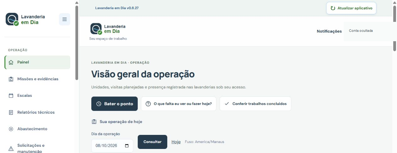 Painel do aplicativo Lavanderia em Dia com visão geral da operação e atalhos de rotina