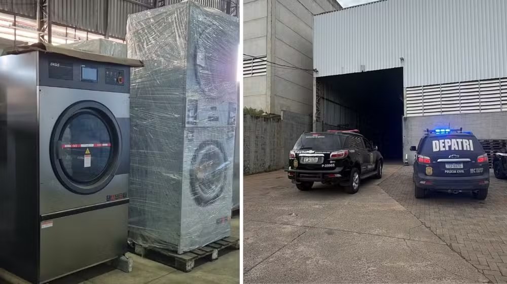 Máquinas industriais e viaturas da Polícia Civil durante a operação